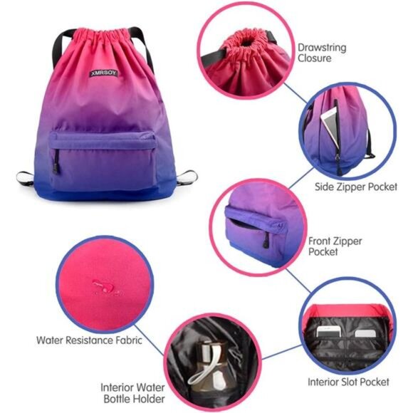 Gym Drawstring Backpack Water Resistant StringBag Nylon Cinch Sport Bag Sackpack - Picture 5 of 7